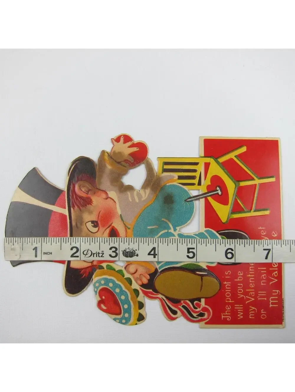 Antique Valentine Card Comical Boy Thumb Tack Chair Pun LARGE Die Cut Stand Up
